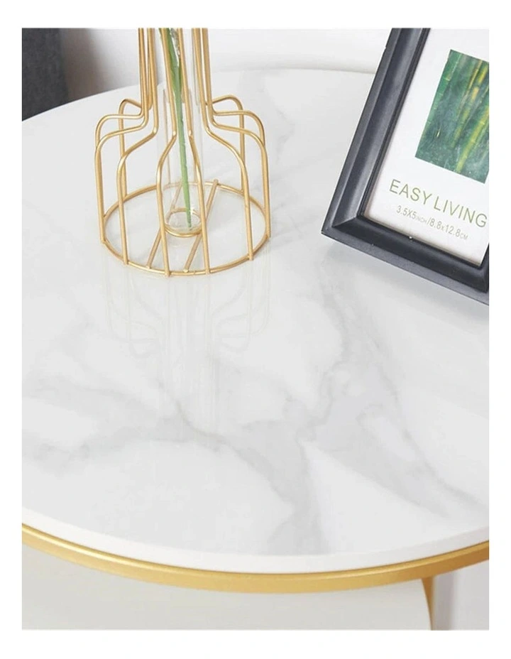 Gold Frame Set Of 2 Gold Nesting End Tables With Round White Marble Tops & Geometric Bases image 7