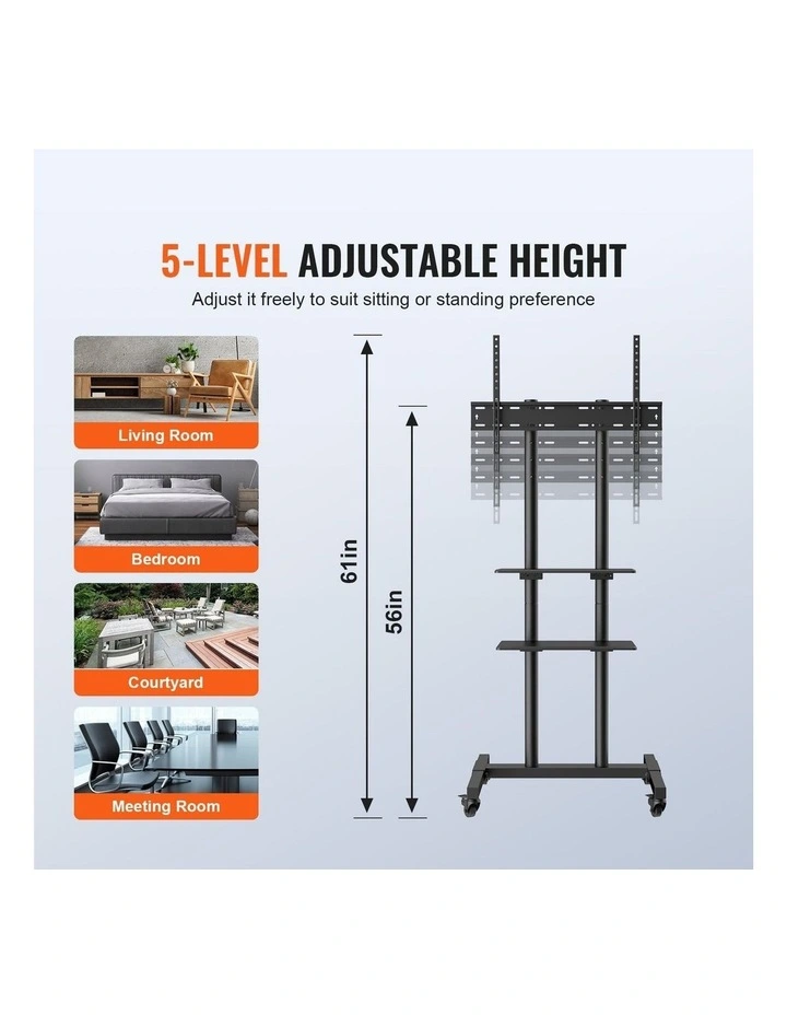 Black Rolling TV Stand 32-70 Inch Mobile Cart Dual Shelf Mount image 3