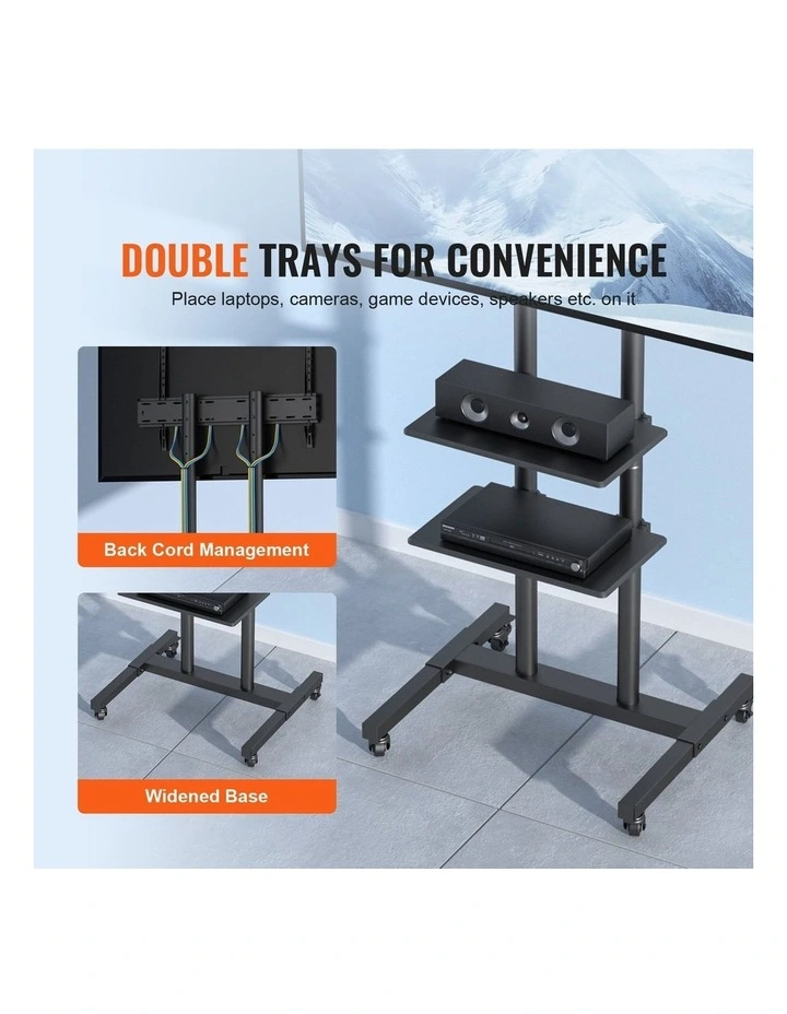 Black Rolling TV Stand 32-70 Inch Mobile Cart Dual Shelf Mount image 5