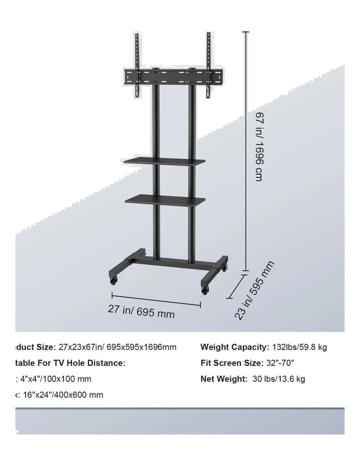 Black Rolling TV Stand 32-70 Inch Mobile Cart Dual Shelf Mount image 6