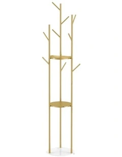 Gold Tree-Branch Coat Rack With Multi-Level Round Shelves