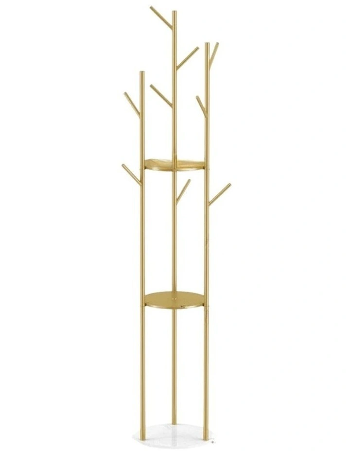 Gold Tree-Branch Coat Rack With Multi-Level Round Shelves image 1