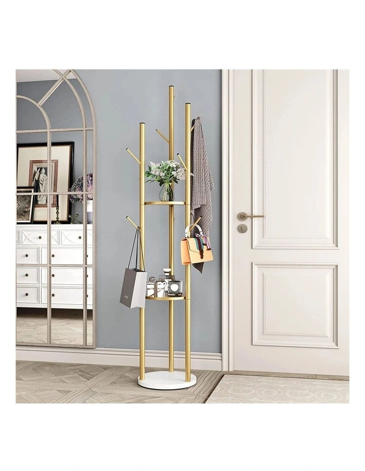 Gold Tree-Branch Coat Rack With Multi-Level Round Shelves image 4