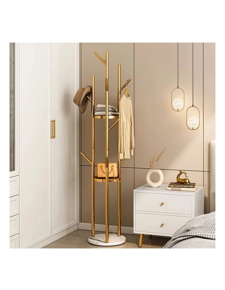 Gold Tree-Branch Coat Rack With Multi-Level Round Shelves image 5