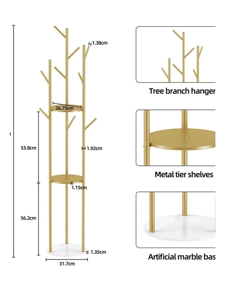 Gold Tree-Branch Coat Rack With Multi-Level Round Shelves image 7