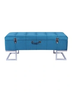 Blue Velvet Storage Ottoman Bench Silver Metal Base Modern Seating Unit