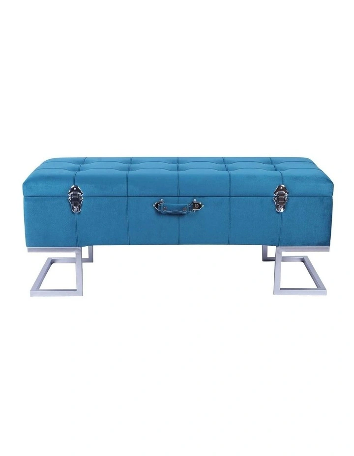 Blue Velvet Storage Ottoman Bench Silver Metal Base Modern Seating Unit image 1
