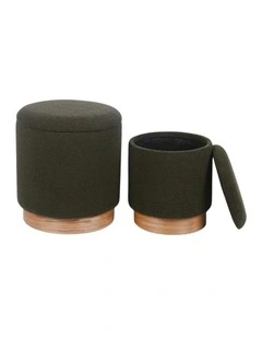 Army Green Sherpa Storage Ottoman Wooden Base Compact Footrest Stool