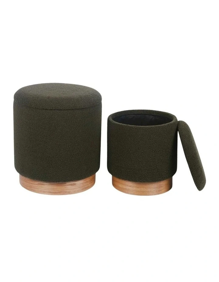Army Green Sherpa Storage Ottoman Wooden Base Compact Footrest Stool image 1