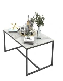 White Sintered Stone Rectangular Marble Coffee Table With Slim Black Metal Frame  Modern Minimalist