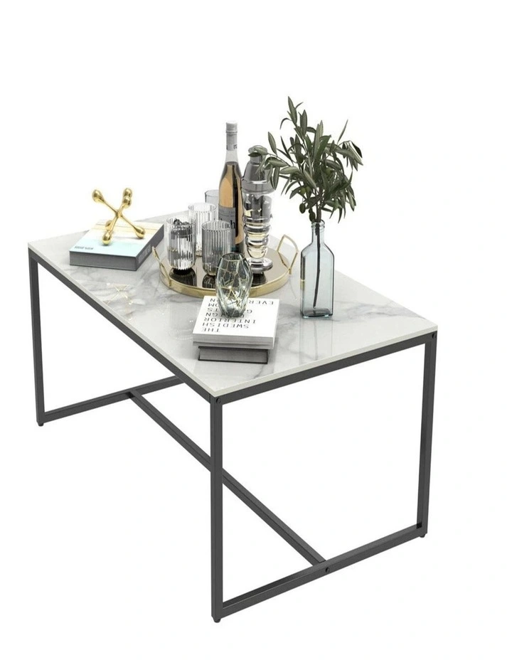 White Sintered Stone Rectangular Marble Coffee Table With Slim Black Metal Frame Modern Minimalist image 1