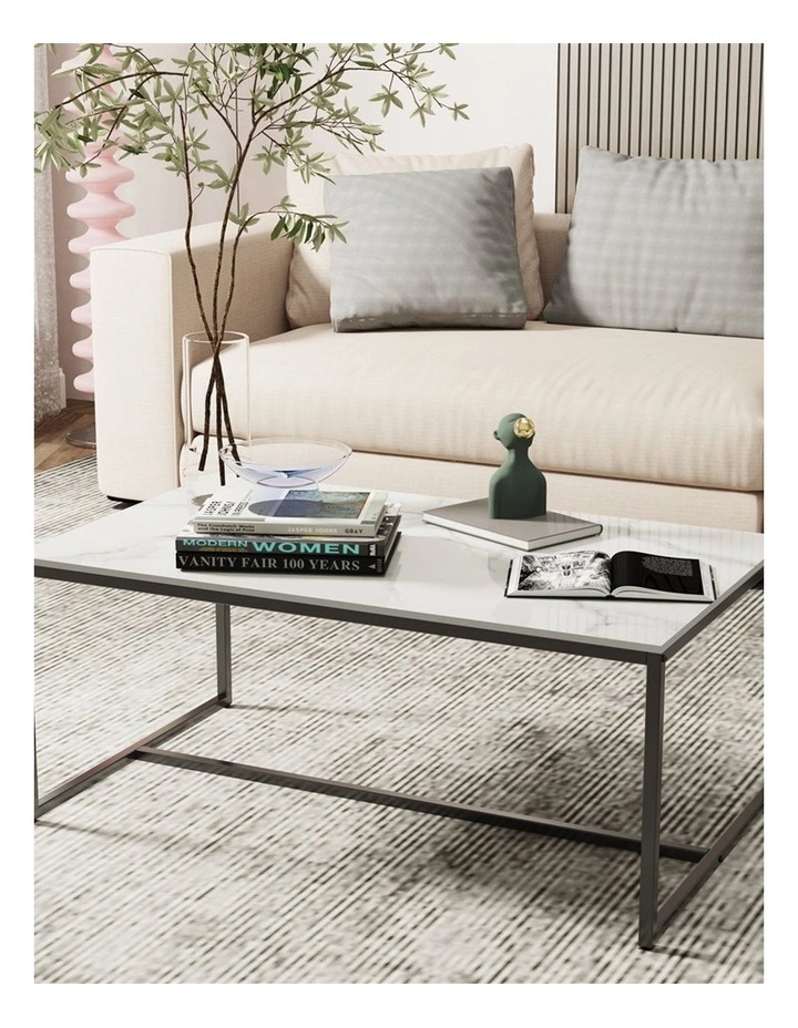 White Sintered Stone Rectangular Marble Coffee Table With Slim Black Metal Frame Modern Minimalist image 2