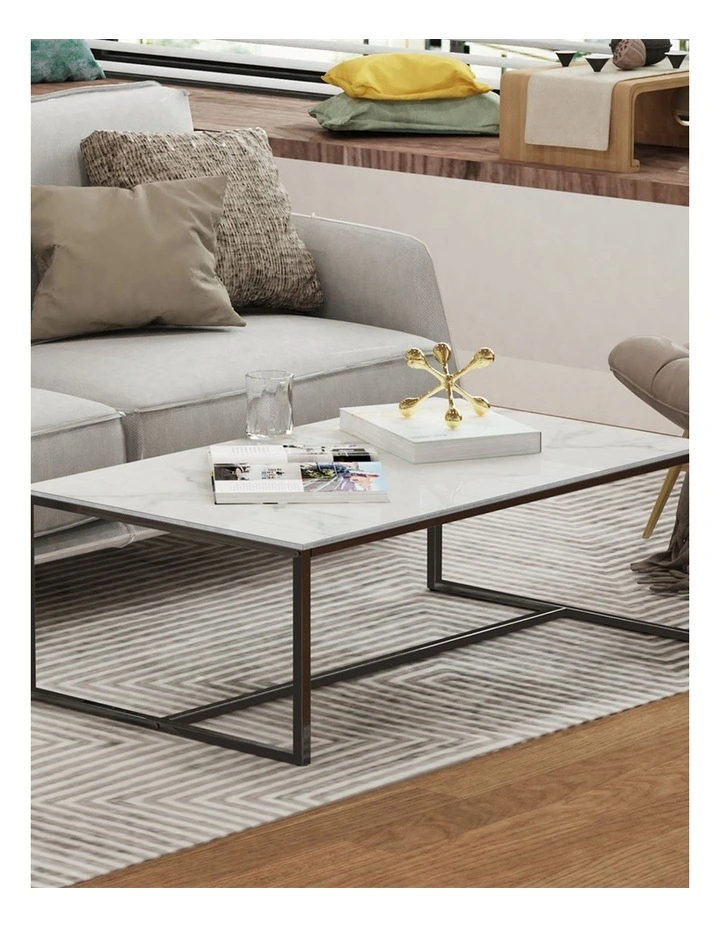 White Sintered Stone Rectangular Marble Coffee Table With Slim Black Metal Frame Modern Minimalist image 3