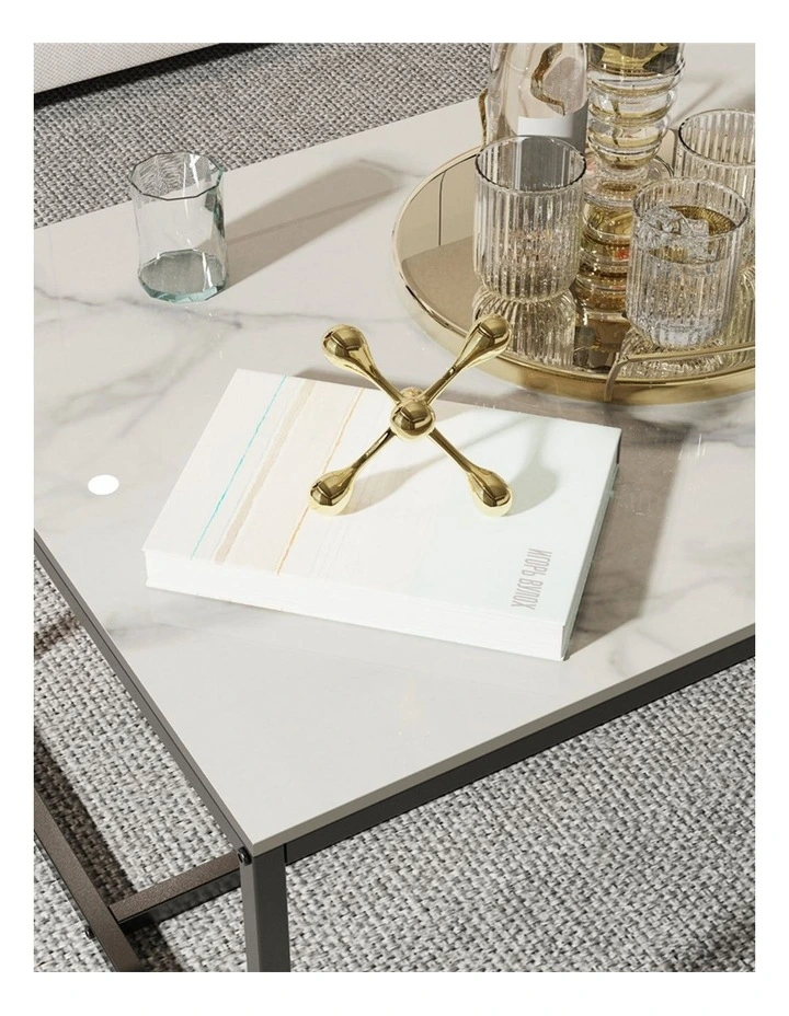 White Sintered Stone Rectangular Marble Coffee Table With Slim Black Metal Frame Modern Minimalist image 4