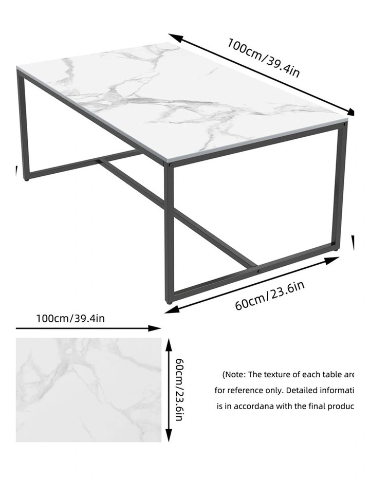 White Sintered Stone Rectangular Marble Coffee Table With Slim Black Metal Frame Modern Minimalist image 5