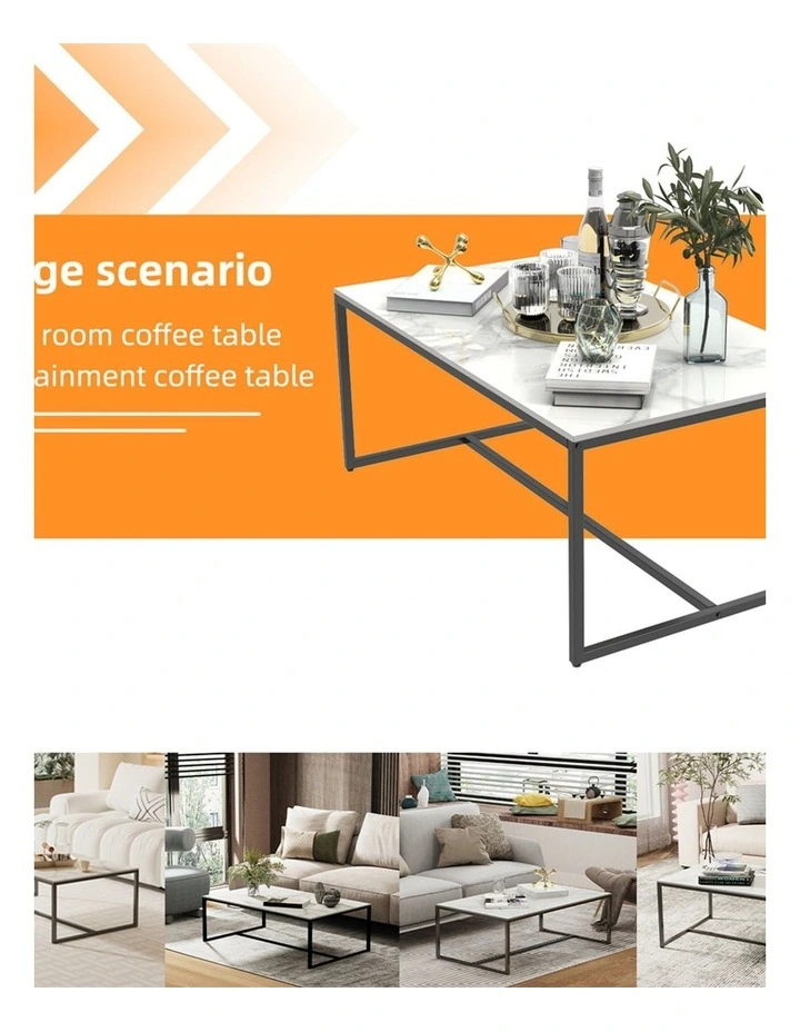 White Sintered Stone Rectangular Marble Coffee Table With Slim Black Metal Frame Modern Minimalist image 6