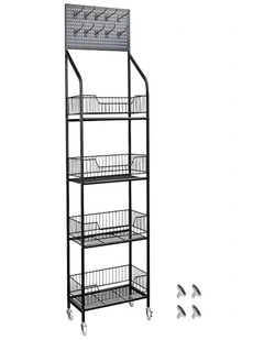Black Metal 4 Tier Display Rack Storage Shelf With Hooks Wheels Commercial Organizer
