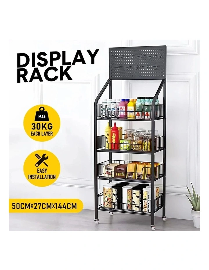 Black Metal 4 Tier Display Rack Storage Shelf With Hooks Wheels Commercial Organizer image 2