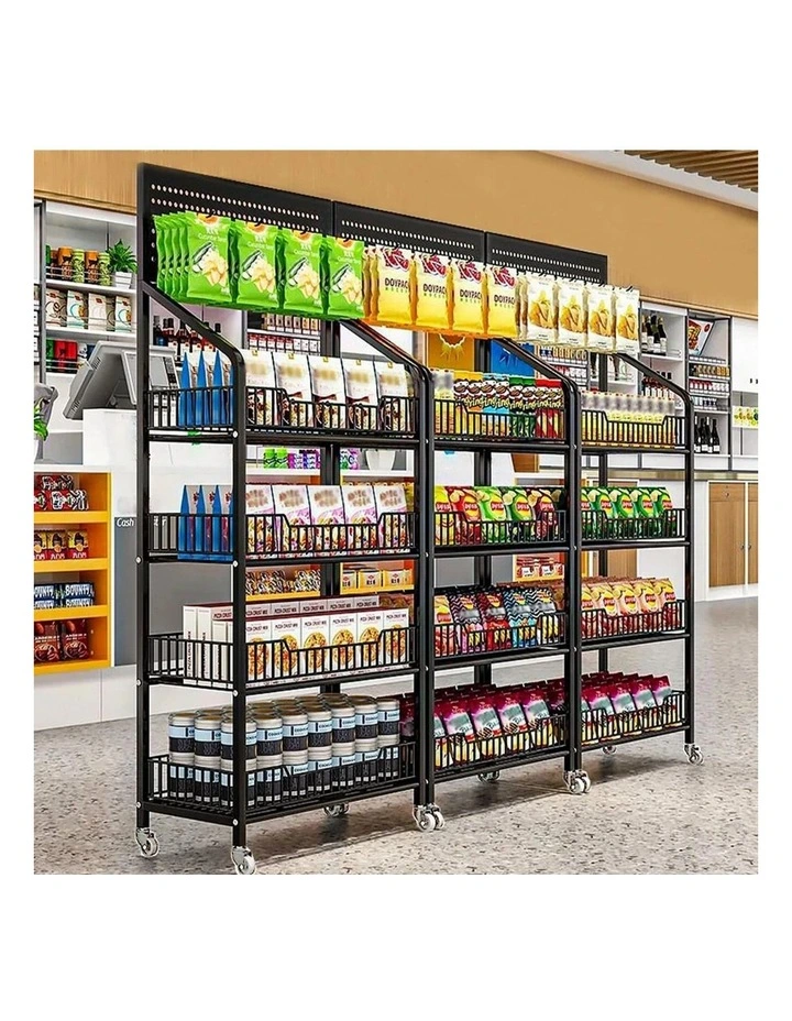 Black Metal 4 Tier Display Rack Storage Shelf With Hooks Wheels Commercial Organizer image 4