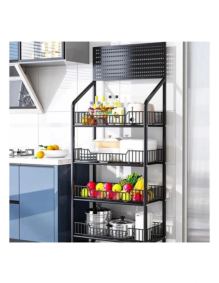 Black Metal 4 Tier Display Rack Storage Shelf With Hooks Wheels Commercial Organizer image 5