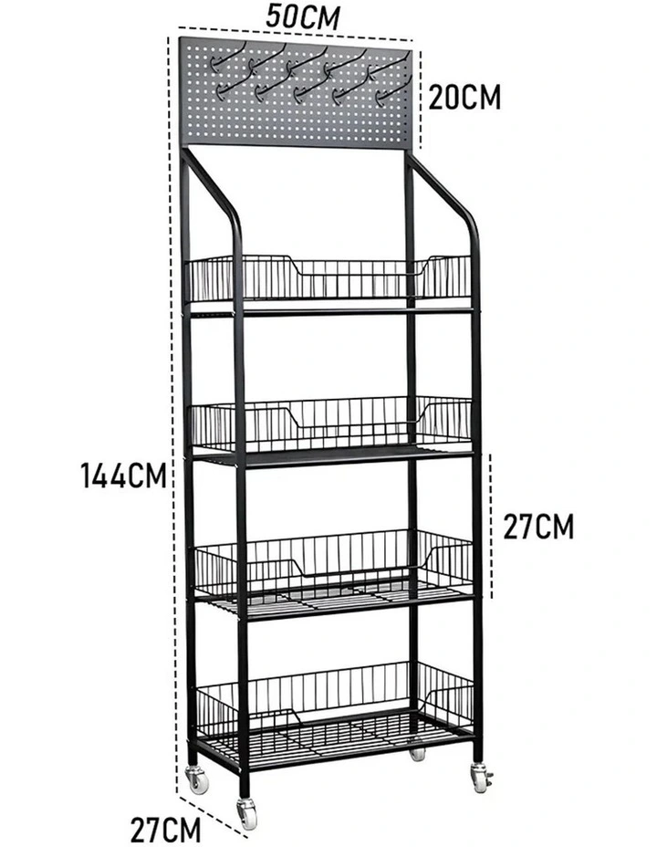Black Metal 4 Tier Display Rack Storage Shelf With Hooks Wheels Commercial Organizer image 7