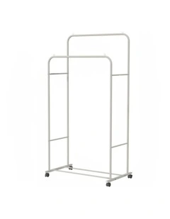 White Double Rail Rolling Garment Rack With Slatted Shoe Shelf