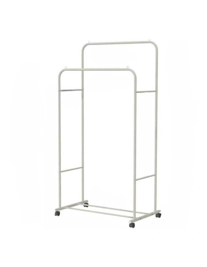 White Double Rail Rolling Garment Rack With Slatted Shoe Shelf image 1