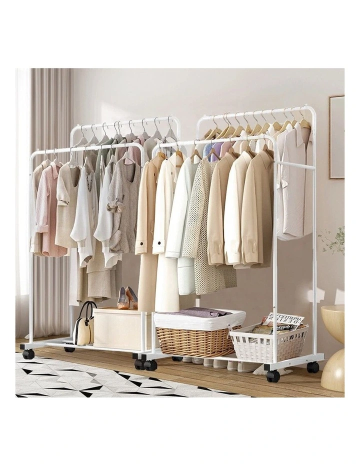 White Double Rail Rolling Garment Rack With Slatted Shoe Shelf image 3