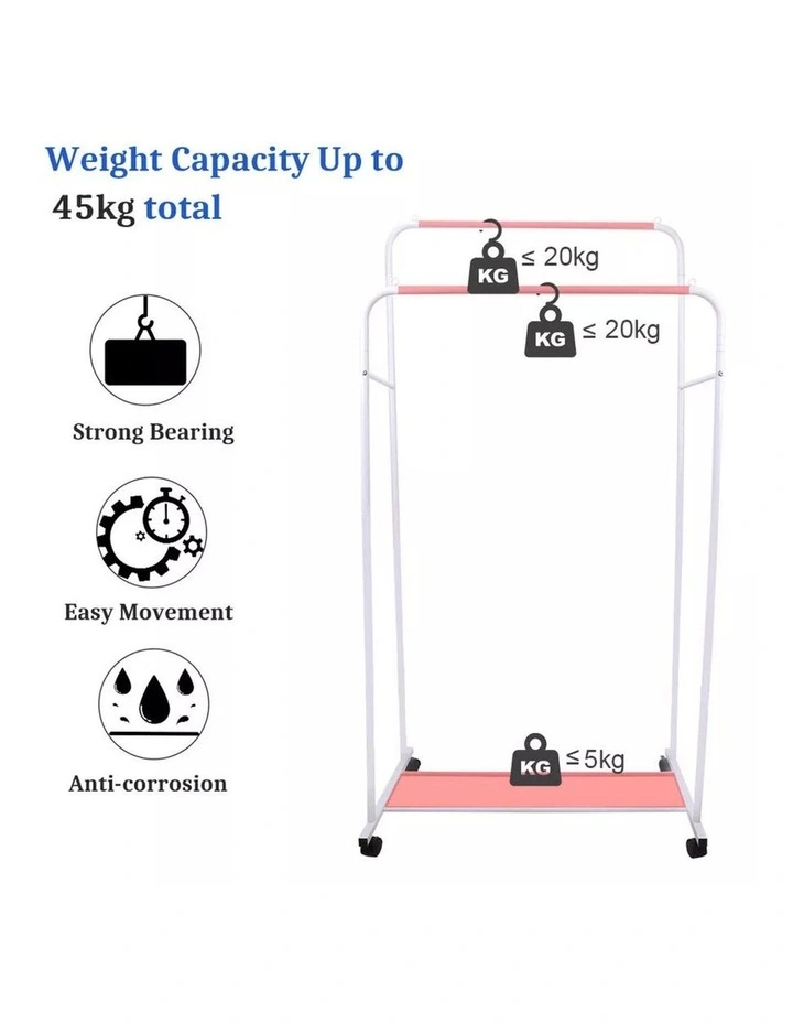 White Double Rail Rolling Garment Rack With Slatted Shoe Shelf image 4