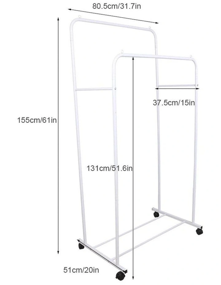 White Double Rail Rolling Garment Rack With Slatted Shoe Shelf image 5