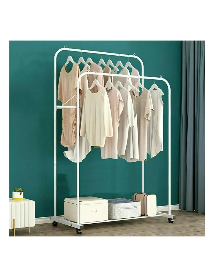 White Double Rail Rolling Garment Rack With Slatted Shoe Shelf image 6