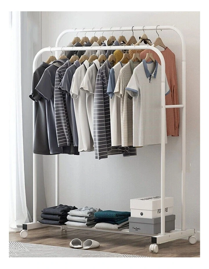 White Double Rail Rolling Garment Rack With Slatted Shoe Shelf image 7