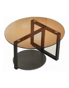 Amber And Black Round Coffee Table With Glass Top And Sintered Stone Lower Shelf
