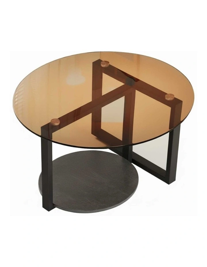 Amber And Black Round Coffee Table With Glass Top And Sintered Stone Lower Shelf image 1