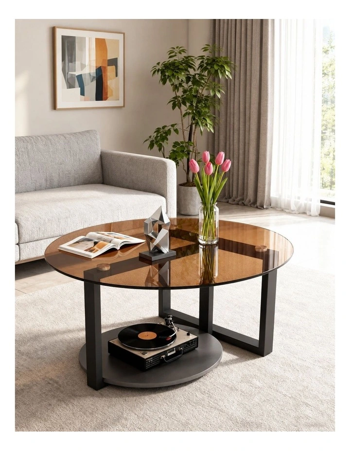 Amber And Black Round Coffee Table With Glass Top And Sintered Stone Lower Shelf image 3