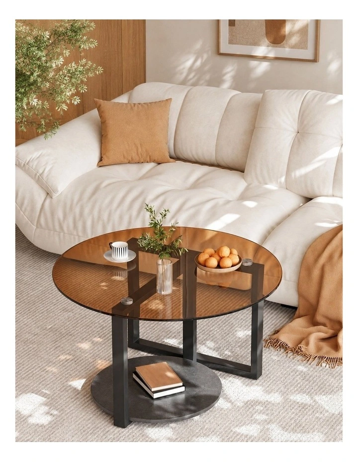 Amber And Black Round Coffee Table With Glass Top And Sintered Stone Lower Shelf image 4