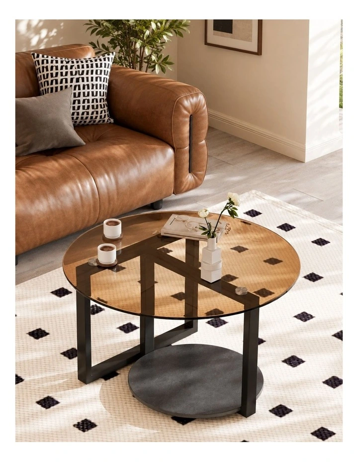 Amber And Black Round Coffee Table With Glass Top And Sintered Stone Lower Shelf image 5