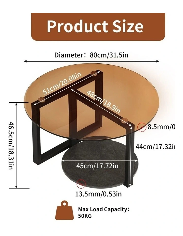 Amber And Black Round Coffee Table With Glass Top And Sintered Stone Lower Shelf image 7