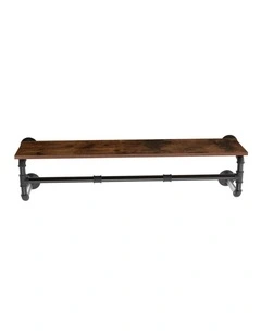 Brown Industrial Rustic Wall Shelf With Pipe Hanging Rod  Wood Board & Metal Clothing Rack