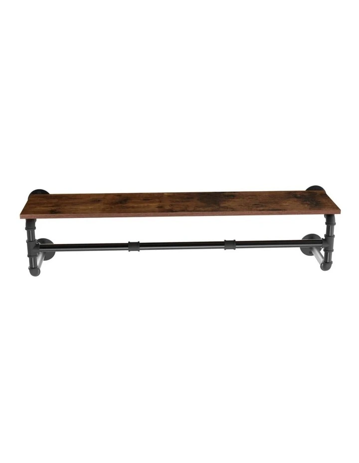 Brown Industrial Rustic Wall Shelf With Pipe Hanging Rod  Wood Board & Metal Clothing Rack image 1