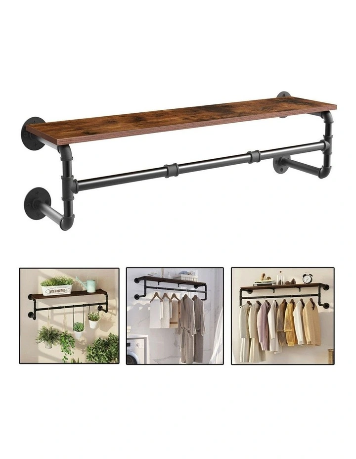 Brown Industrial Rustic Wall Shelf With Pipe Hanging Rod  Wood Board & Metal Clothing Rack image 3