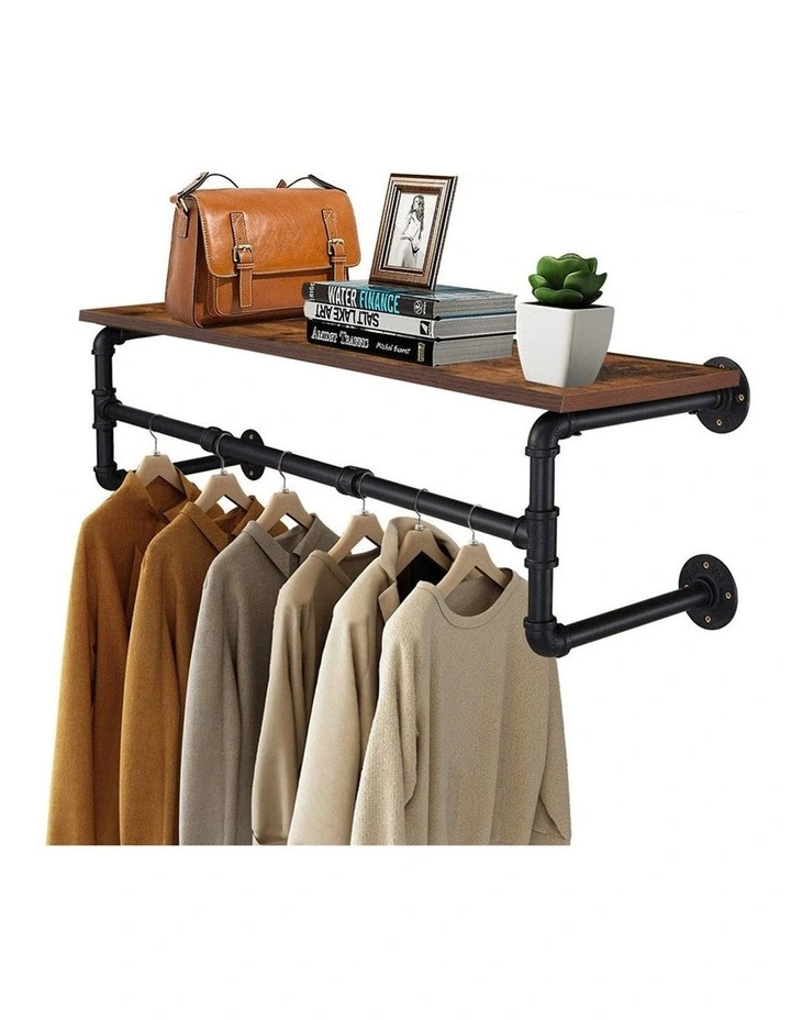 Brown Industrial Rustic Wall Shelf With Pipe Hanging Rod  Wood Board & Metal Clothing Rack image 4