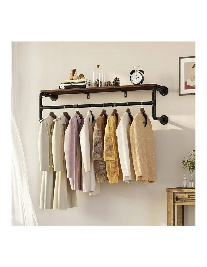 Brown Industrial Rustic Wall Shelf With Pipe Hanging Rod  Wood Board & Metal Clothing Rack image 5