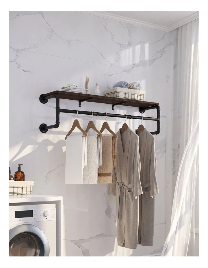 Brown Industrial Rustic Wall Shelf With Pipe Hanging Rod  Wood Board & Metal Clothing Rack image 6
