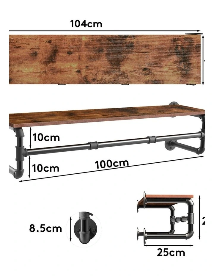 Brown Industrial Rustic Wall Shelf With Pipe Hanging Rod  Wood Board & Metal Clothing Rack image 7