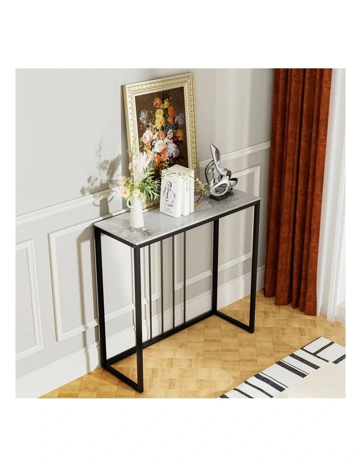White Emerald Sleek Black Metal Console Table With Rectangular Sintered Marble-Look Top image 2