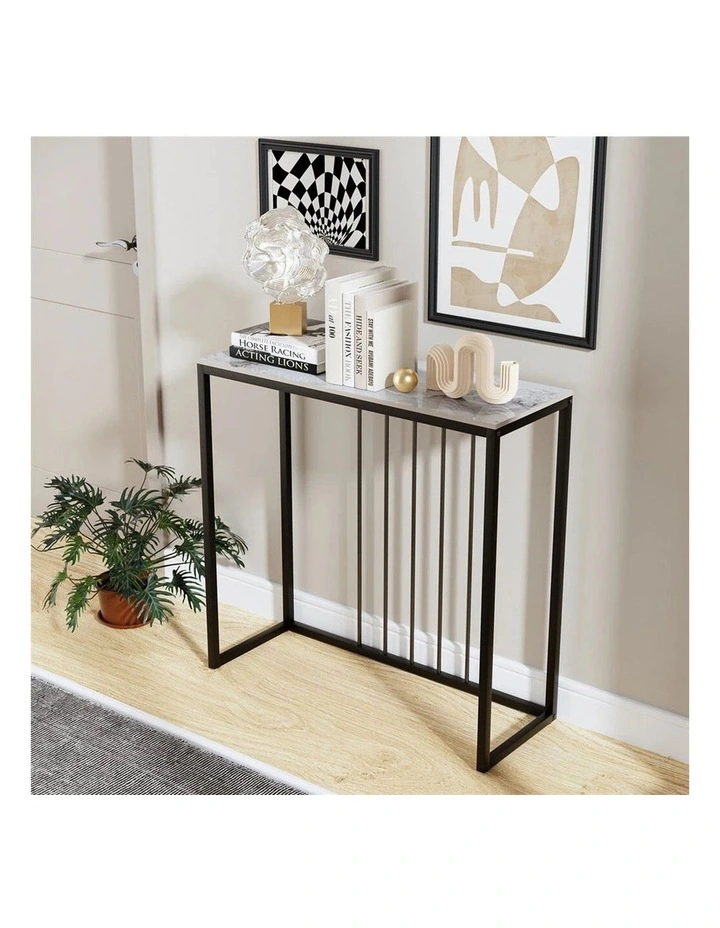 White Emerald Sleek Black Metal Console Table With Rectangular Sintered Marble-Look Top image 6