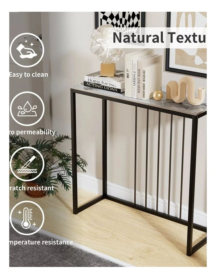 White Emerald Sleek Black Metal Console Table With Rectangular Sintered Marble-Look Top image 7