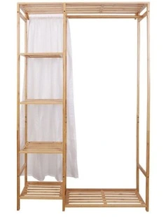 Brown Bamboo Freestanding Wardrobe With Slatted Shelves And Curtain  Open Closet