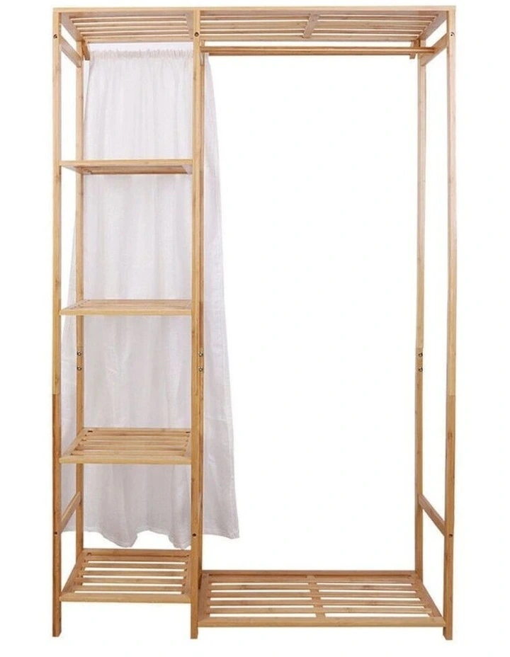 Brown Bamboo Freestanding Wardrobe With Slatted Shelves And Curtain Open Closet image 1